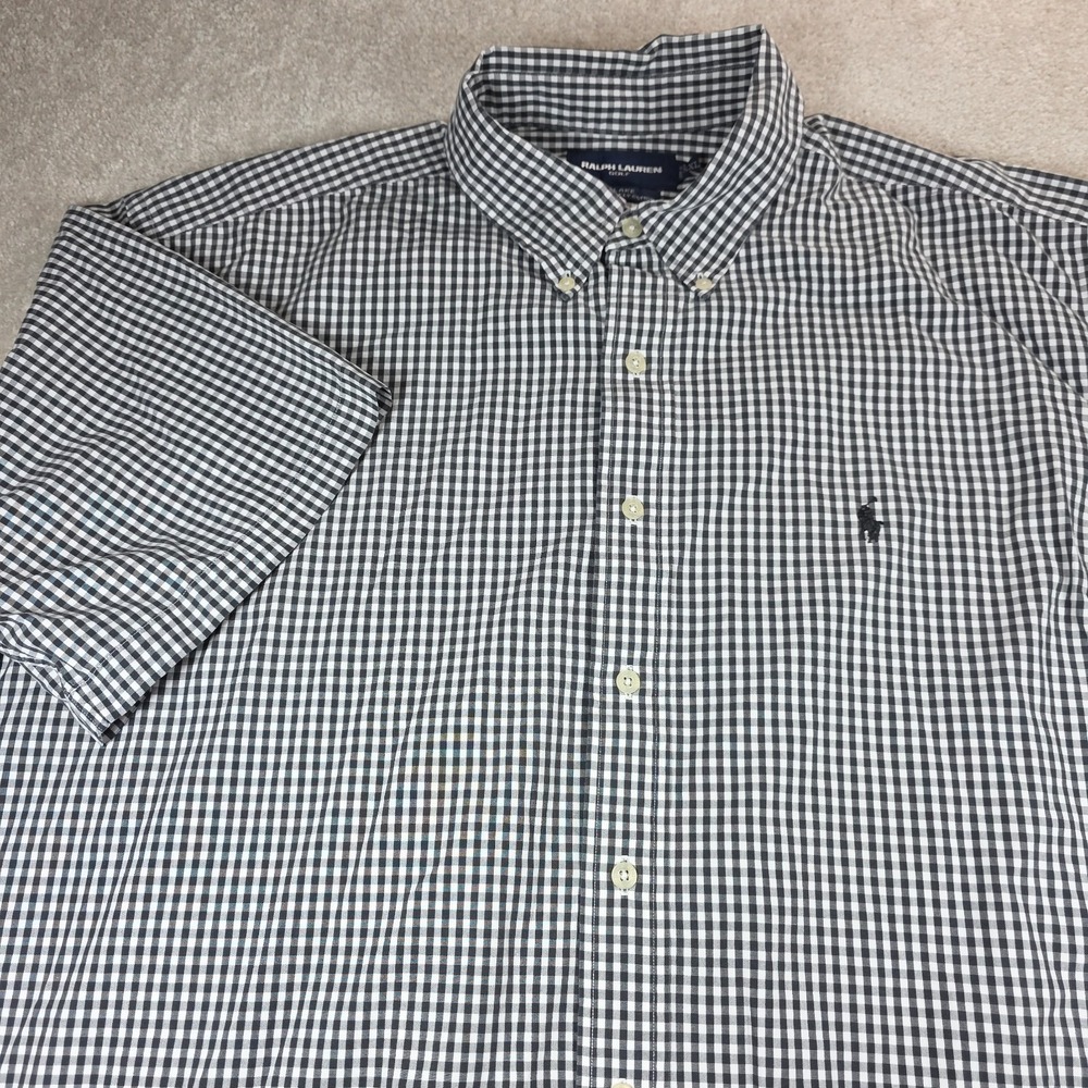 Ralph Lauren Golf Shirt Mens 2XL Black White Gingham Button Down Blake Pony Logo